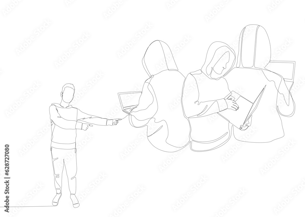 Poster one continuous line of man pointing with finger at hacker, men using laptop. thin line illustration 