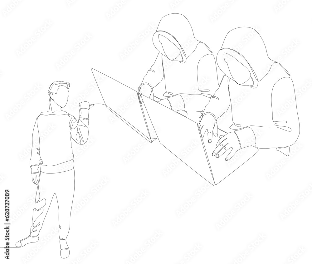 Poster one continuous line of man pointing with finger at hacker, men using laptop. thin line illustration 