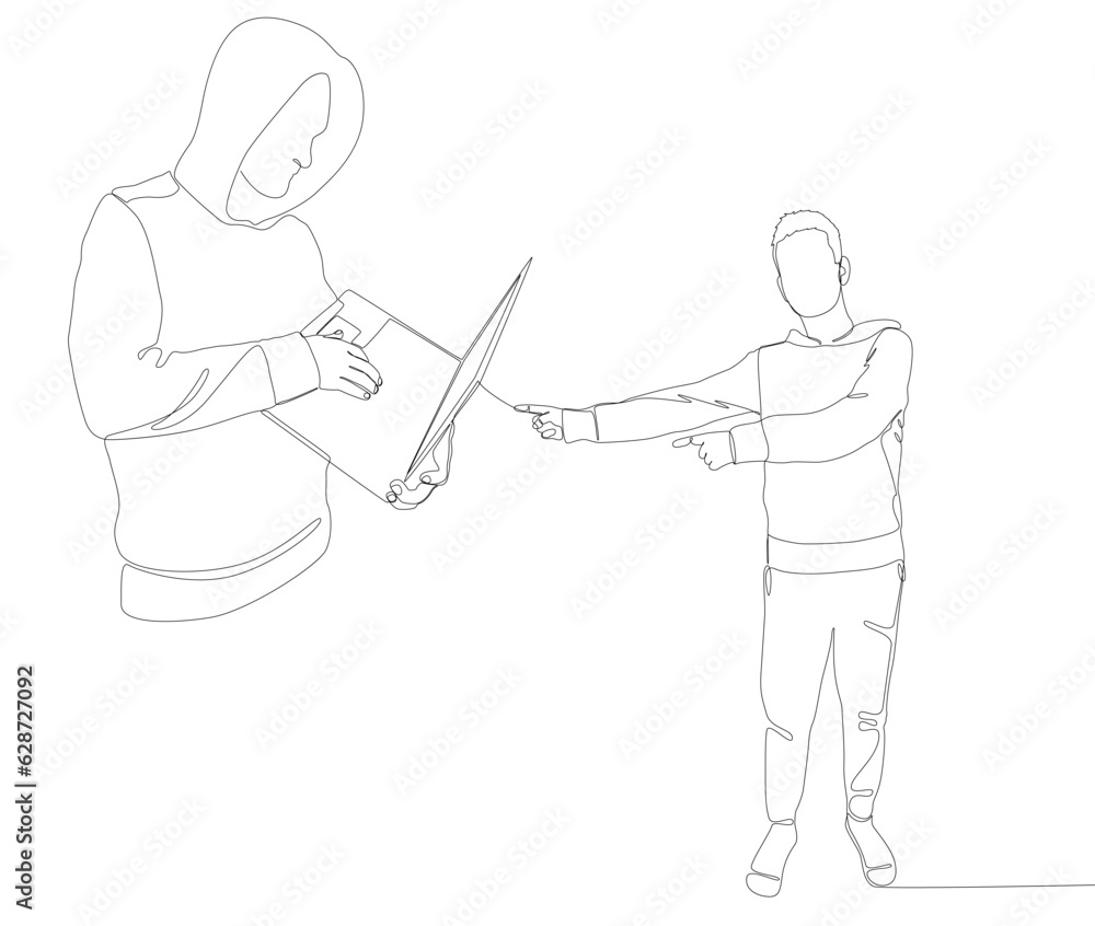 Poster one continuous line of man pointing with finger at hacker, men using laptop. thin line illustration 