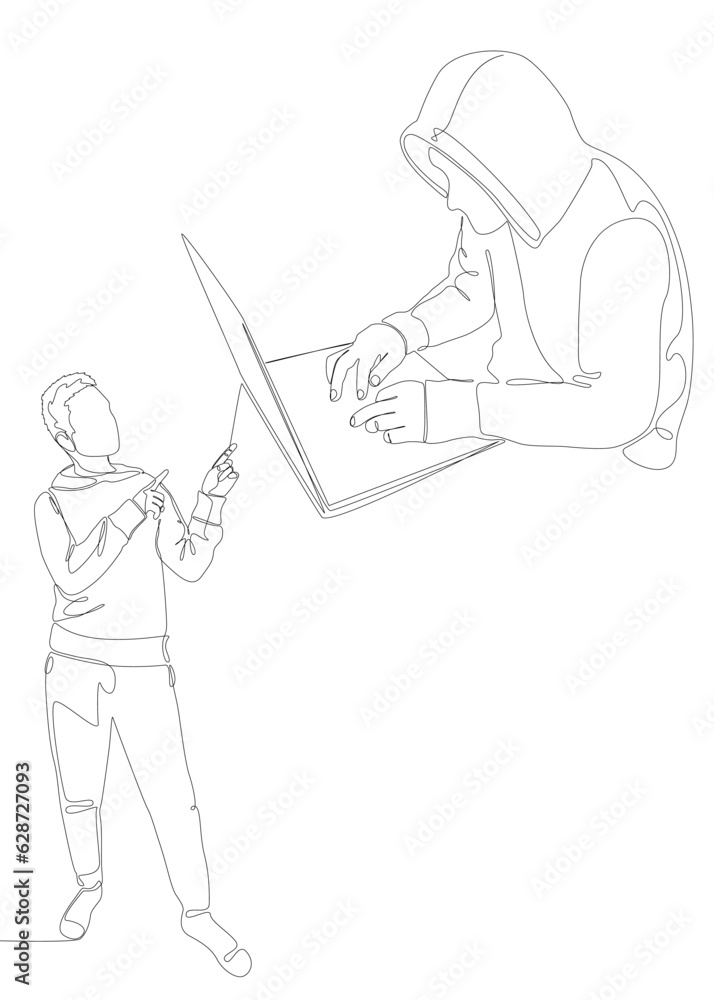 Poster one continuous line of man pointing with finger at hacker, men using laptop. thin line illustration 