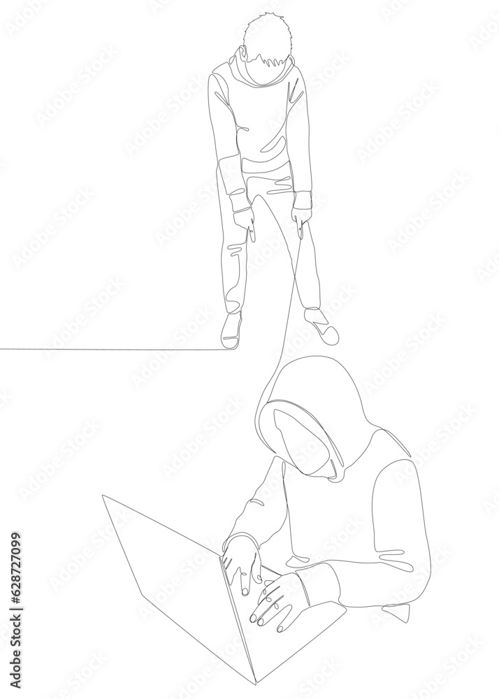 Poster one continuous line of man pointing with finger at hacker, men using laptop. thin line illustration 