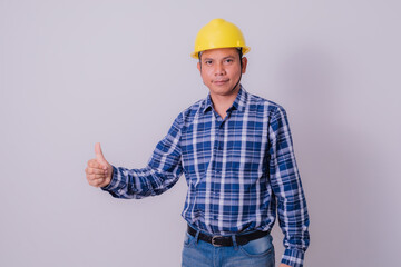 Asian engineer in striped shirt on white background