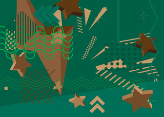 Brown and green vintage geometric theme poster banner. Retro abstract shapes template for cover design. Colored geometrical graphic minimal background.