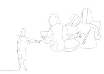 One continuous line of Man pointing with finger at Hacker, Men using Laptop. Thin Line Illustration vector concept. Contour Drawing Creative ideas.