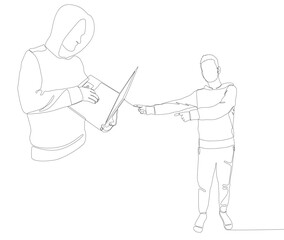 One continuous line of Man pointing with finger at Hacker, Men using Laptop. Thin Line Illustration vector concept. Contour Drawing Creative ideas.