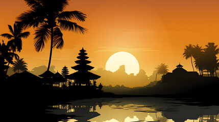 Red sunset with silhouette of Temple, Beautiful Bali, realistic vector illustration background