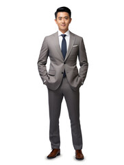 Close up shot of handsome Asian businessman in black suit standing with smile and confident feel 