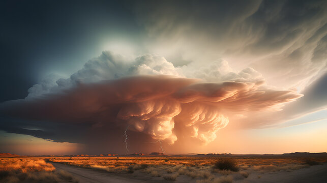 A very dramatic large cloud with a lot of lightning coming out, catastrophic natural disasters