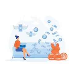 Earning money online, Female person sitting on sofa with laptop computer and dollar bills raining down, flat vector modern illustration 