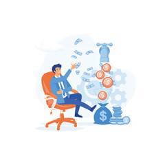 Passive income, a man relaxes waiting for the money to enter his dollar bag. flat vector modern illustration