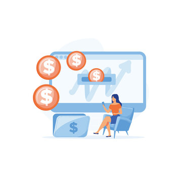 Passive income concept, businesswoman relax in chair while coins fly out of the computer,  flat vector modern illustration 