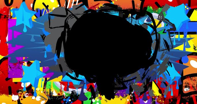 Black Graffiti Speech Bubble on colorful background animation. Urban style Message sign. Modern talk icon cartoon video.