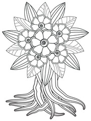 Flowers bouquet coloring book page. Isolated on white background. Doodle drawing anti-stress coloring books page for adults or children. Flat Vector Illustration