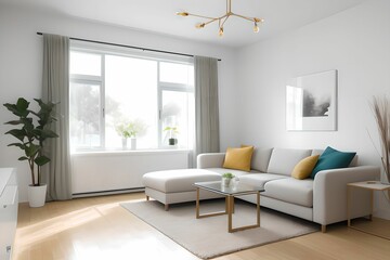 Fototapeta premium Cozy living room interior design with a modern atmosphere. Sunlight and windows. Generative AI
