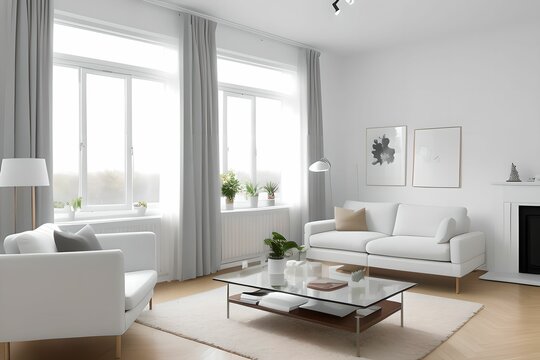 Cozy living room interior design with a modern atmosphere. white sofa, Sunlight and windows. Generative AI