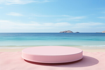 Fototapeta na wymiar pastel color platform display for show product on sand beach in style of minimalist Generative ai
