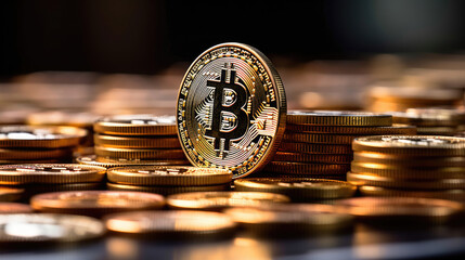 Close-up of Bitcoin coins are neatly stacked on a table, while a graph illustrating market trends provides a compelling analysis backdrop