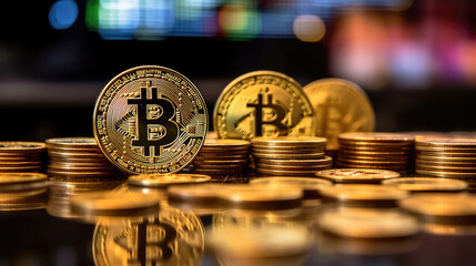 Close-up of Bitcoin coins are neatly stacked on a table, while a graph illustrating market trends provides a compelling analysis backdrop