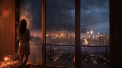 Obraz na płótnie Canvas woman at the window it's raining strike lightning