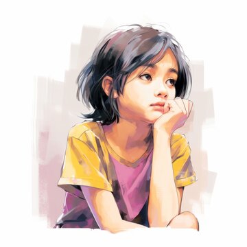 Asian girl in thinking and doubts oil painted illustration. Young woman character with dreamy face on abstract background. Ai generated bright drawn colorful acrylic poster.