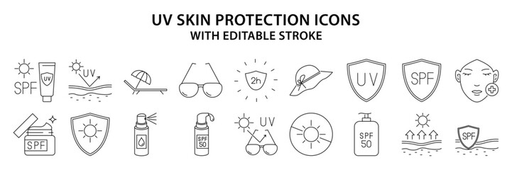 UV protection Icons. UV skin Protection icon set. SPF icons. Sunblock Line Icons. Sunscreen. Vector Illustration. Editable Stroke.