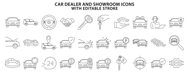 Car dealer icons. Showroom icons. Set icon about car dealer and showroom. line icons. Vector Illustration. Editable Stroke.