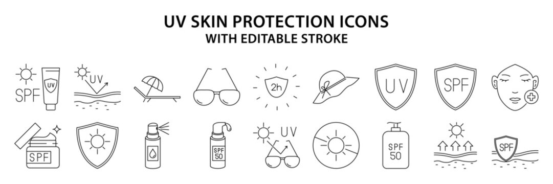 UV protection Icons. UV skin Protection icon set. SPF icons. Sunblock Line Icons. Sunscreen. Vector Illustration. Editable Stroke.