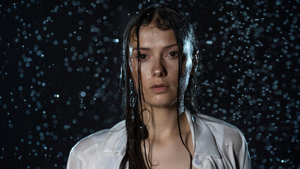young woman in the rain, getting wet through, wet clothes and water running down her face.