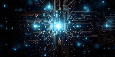 Fototapeta na wymiar Technology circuit board background illuminated by blue light. Postproducted generative AI