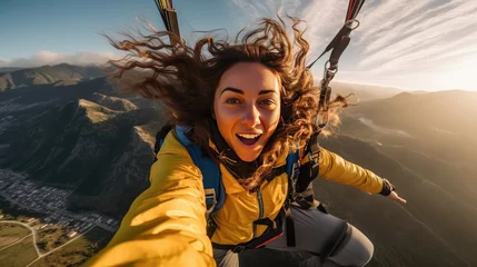 Zelfklevend Fotobehang Showing the woman's focused expression while paragliding © didiksaputra