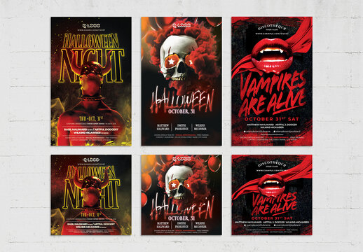Halloween Event Flyer Set with Skulls Vampire Monster Elements