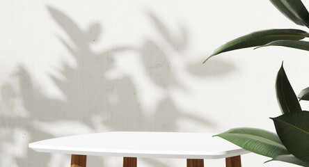 Minimal, modern, white rectangle pedestal side table podium, wooden leg, tree in sunlight, leaf...