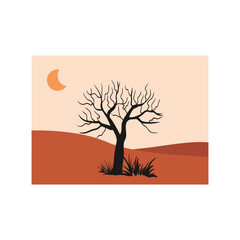 Vector illustration of sunset desert landscape. Wild Western Texas desert sunset with mountains and cactus in flat cartoon style.