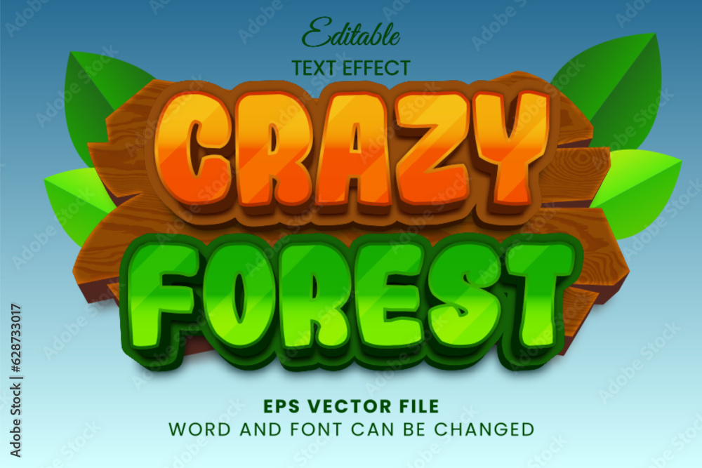 Poster crazy forest vector text effect, kids game vector text effect