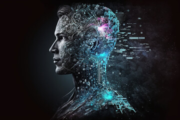 Ai-robot, artificial intelligence, computer machine learning, data mapped computing, thinking, processing , ai-revolution, ai-generated art, Neuro connectivity, science - obrazy, fototapety, plakaty