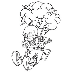 coloring illustration of skeleton on swing and storm cloud