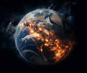 Obraz premium The World on Fire: A Satellite's View from Space, Generative AI