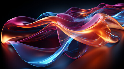 3d render. Abstract neon wallpaper. Glowing lines over black background. Light drawing trajectory, twisted ribbon, Ai Generative