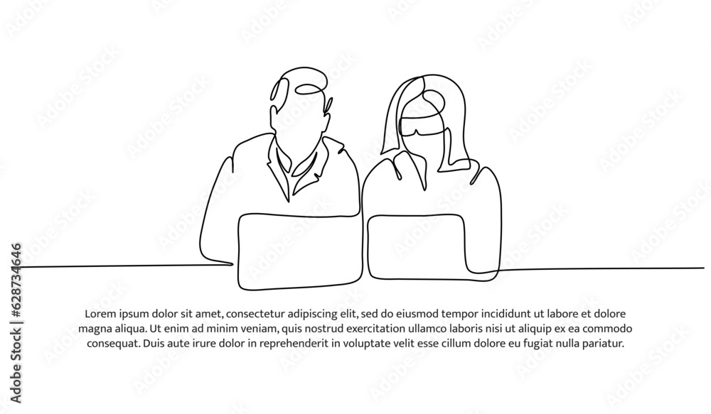 Poster one continuous line design of a man and woman working together analyzes data with a laptop to carry 