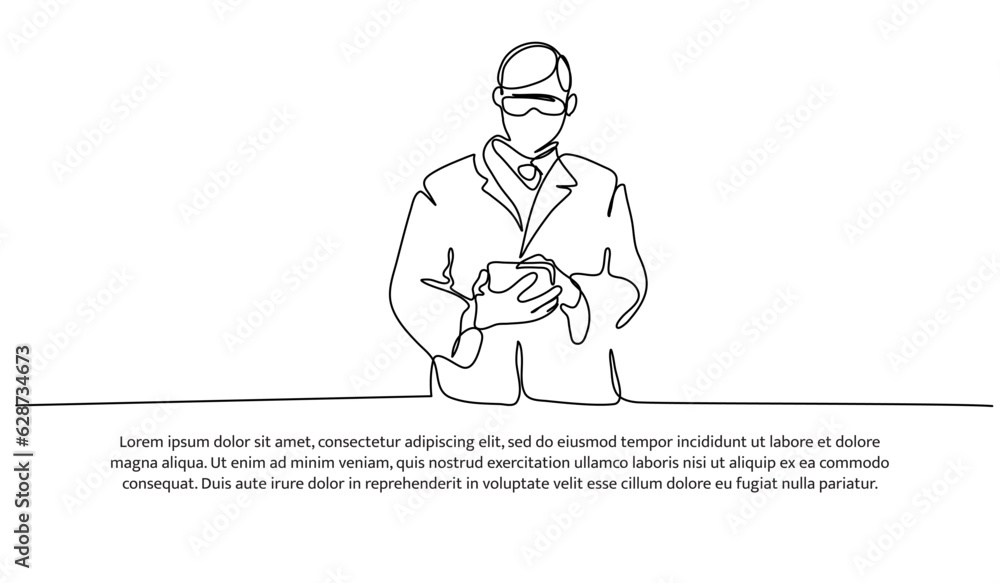 Poster one continuous line designs of a young man scientist is to analyze data. decorative elements are dra