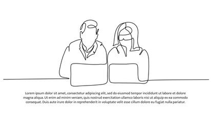 One continuous line design of a man and woman working together analyzes data with a laptop to carry out medical development. Decorative elements are drawn on a white background.