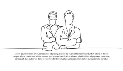 Obraz premium One continuous line design of the young male scientist and doctor crossed his arms as a sign of confidence. Decorative elements are drawn on a white background.