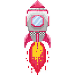 Pixel flying rocket illustration.