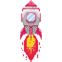 Pixel flying rocket illustration.