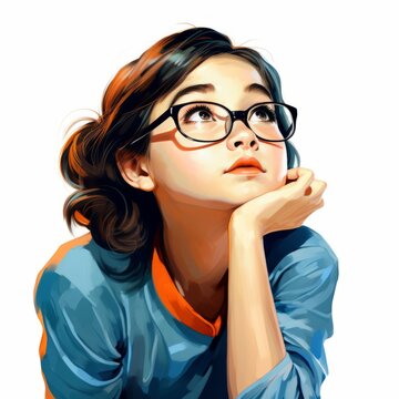 Asian girl in thinking and doubts realistic illustration. Young woman character with dreamy face on abstract background. Ai generated bright colorful poster.