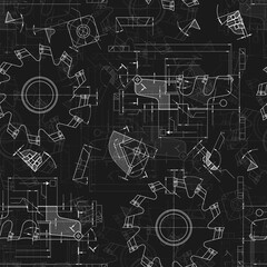 Mechanical engineering drawings on black background. Cutting tools, milling cutter. Technical Design. Cover. Blueprint. Seamless pattern. Vector illustration.