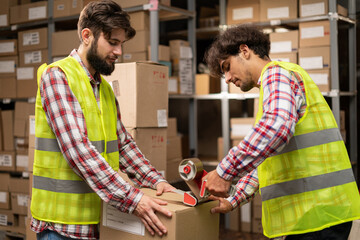 Male warehouse workers sealing cardboard boxes in distribution centre.