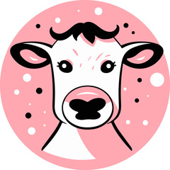 Cute cartoon mascot of cow in pink circle isolated on white background animal face vector illustration. Dairy and milk production and industry. 