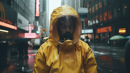 Resolute in the Urban Bustle: Hazmat-Protected Figure, Generative AI