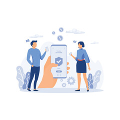 Successful transaction. Girl in smartphone transferred, sent money, coins, cash to electronic account on Internet to man.  flat vector modern illustration